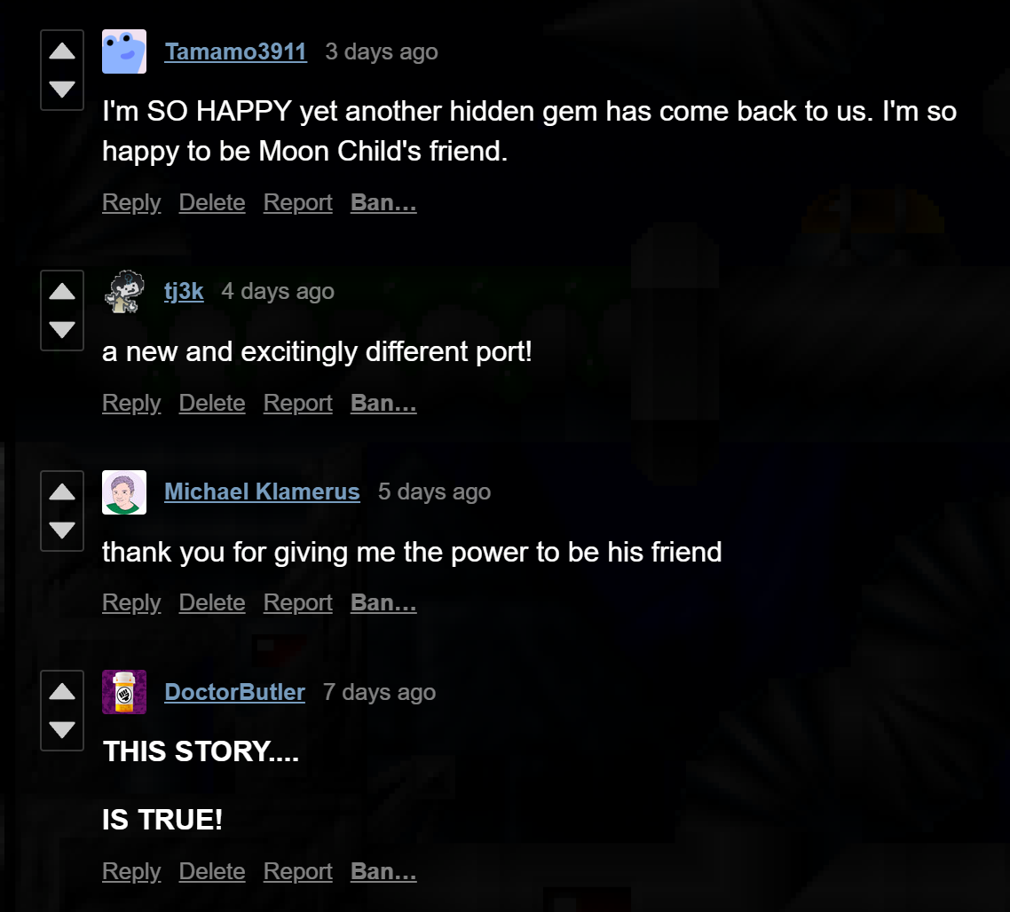 A screenshot of the responses to Moon Child FE on itch.io.